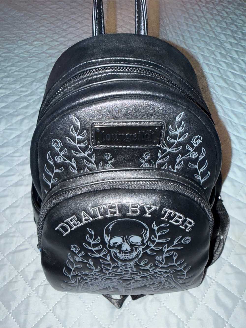 Loungefly Black 'Death By TBR' Skeleton Embossed Mini Backpack - Picture 3 of 9
